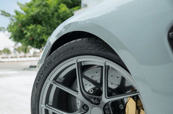 Detalle de la rueda delantera de un BMW gris con llanta Yokohama ADVAN Sport V107 y rin de aleación,